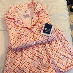 Roller Rabbit Heart Pattern Pajama Set in Pink and Orange